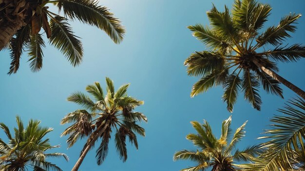 Upward view of palm trees against a serene blue sky with clouds