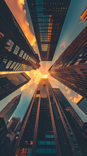 Upward view of skyscrapers with a dramatic sky at sunset ideal for concepts of business ambition