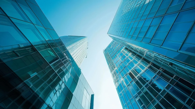 Upward view of skyscrapers with glass facades against a clear sky modern urban architecture and