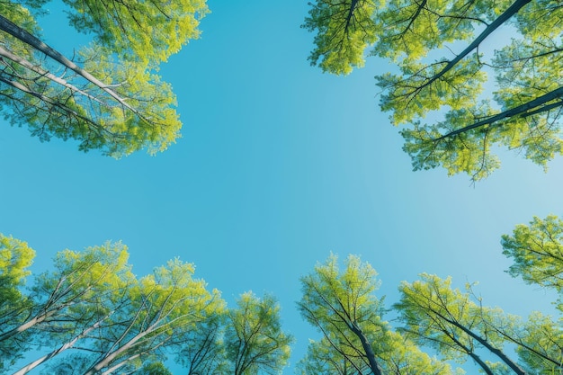 Photo upward view of tall trees against clear blue sky