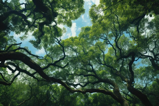 Upwards view of intricate branches against a backdrop of lush green leaves and a clear sky