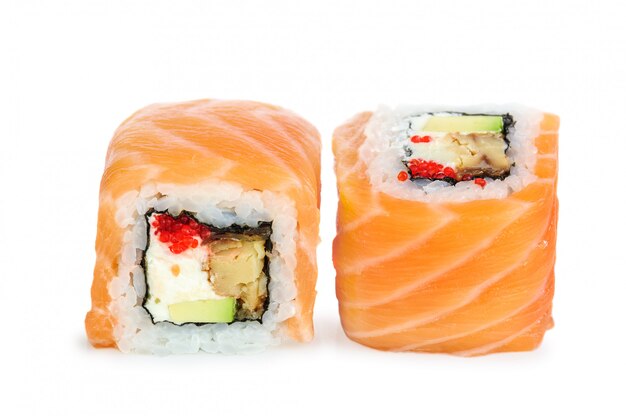 Uramaki maki sushi, two rolls isolated on white