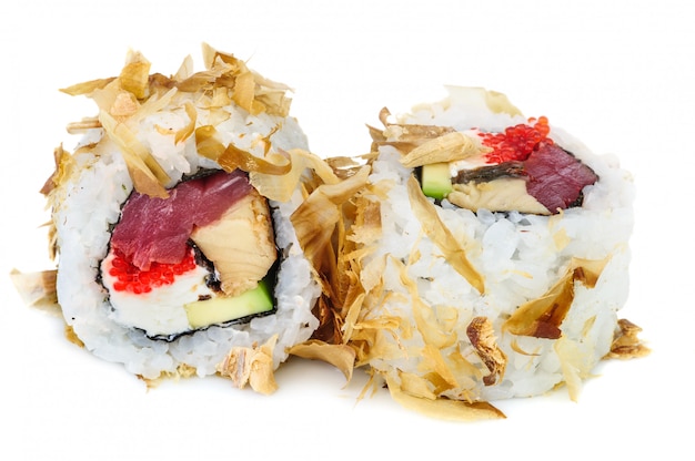 Uramaki maki sushi, two rolls isolated on white