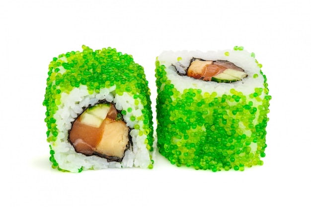 Uramaki maki sushi, two rolls isolated on white