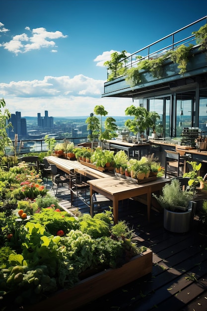 Urban Agriculture Rooftop Garden An urban rooftop garden with a variety of crops