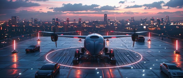 Urban Air Mobility launching pad on a rooftop sleek