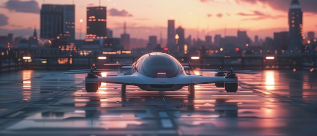 Urban Air Mobility launching pad on a rooftop sleek