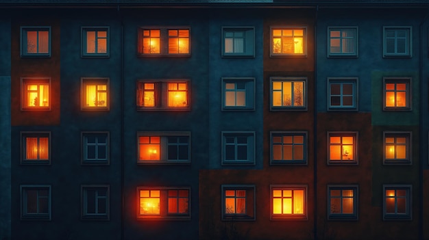 Photo an urban apartment building at night with various windows lit up