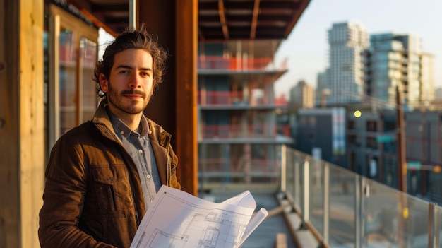 Photo the urban architect holding blueprint that planning building to create aig43