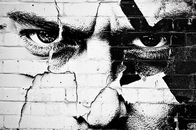 Photo urban art expression eyes on a brick wall mural in black and white for contemporary designs