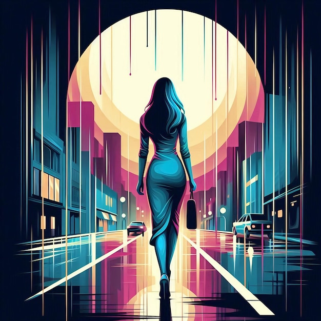 Urban art of a woman walking in the street under streetlights