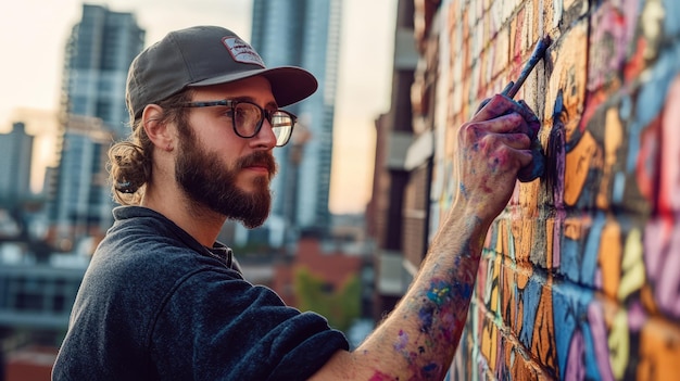 Photo urban artist painting graffiti on brick wall