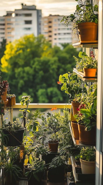 Photo urban balcony garden with lush greenery