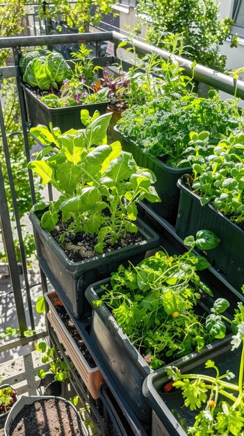 Urban Balcony Vegetable Garden with Lush Green Plants in Pots