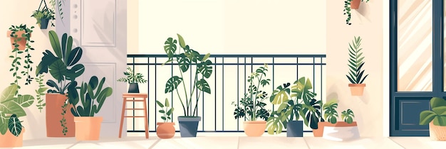 Urban balcony with assorted potted plants and green foliage banner Panoramic web header