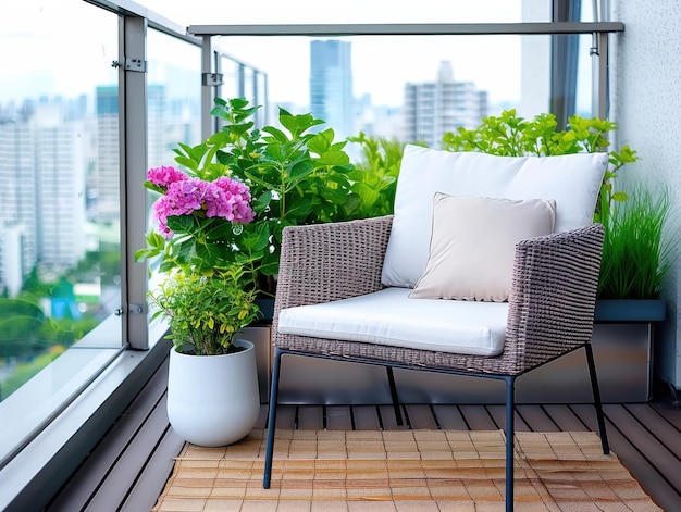 Photo urban balcony with wicker chair and lush greenery