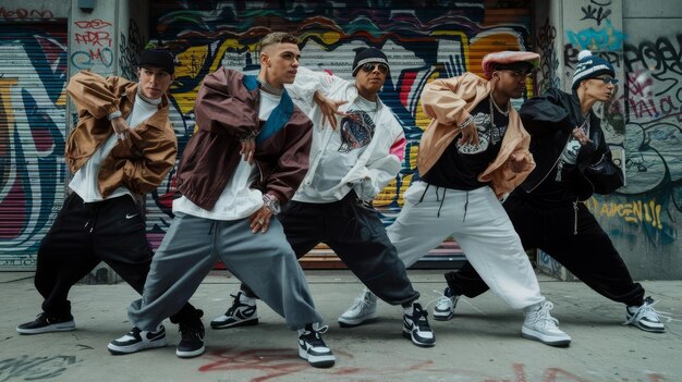 Photo urban beats of the 90s hiphop dance group in expressive movements and street fashion channel