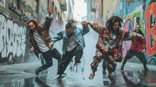 Photo urban beats of the 90s hiphop dance group in expressive movements and street fashion channeling the