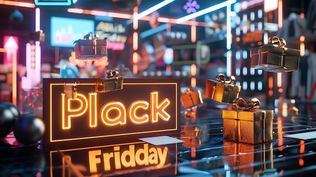 Urban black friday scene 3d rendering with discount signs and neon lights