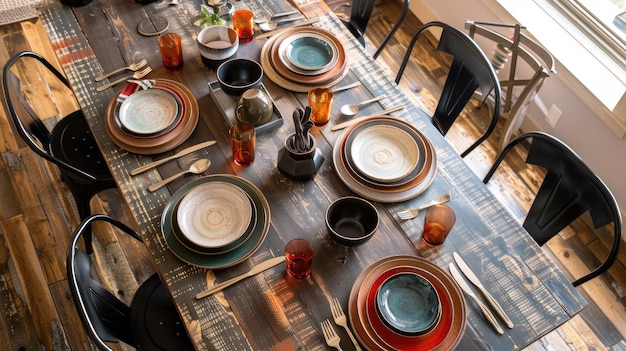 Urban chic dining table with industrial decor bold accents and a modern spread of dishes and stylish place settings