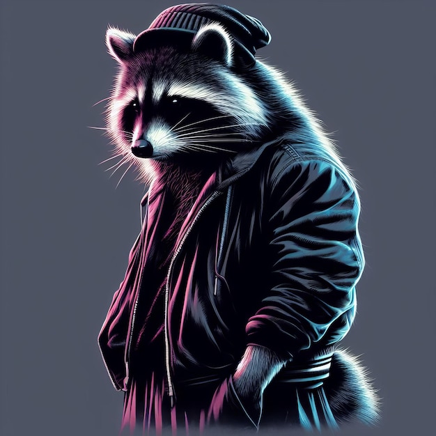 Urban chic raccoon in neonlit streetwear