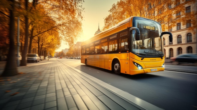 Urban city bus in motion on road with blurred buildings in background for city commute