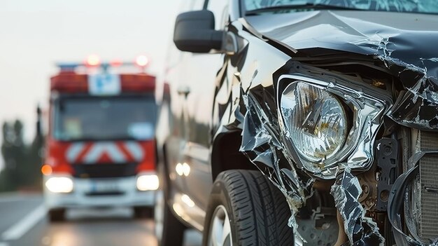 Photo urban city road car accident scene with traffic and emergency response vehicle in action