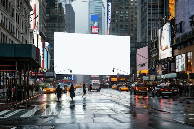 Urban cityscape with large blank billboard and bustling street life