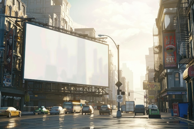 Urban cityscape with large blank billboard and bustling street life