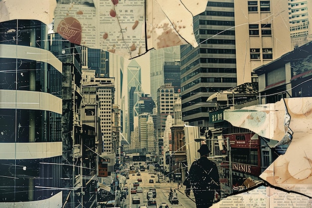 Photo urban collage art merging cityscape and vintage newspaper textures