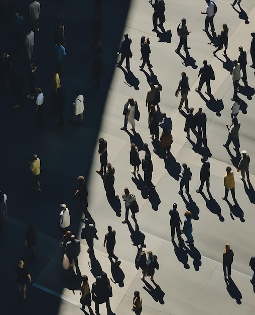 Urban Communal Space Dozen People and Their Shadows on Sidewalk