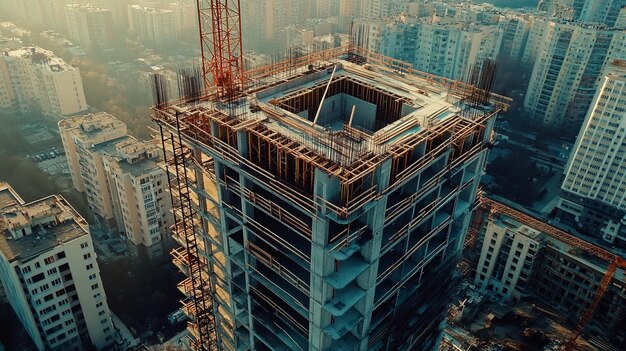 Urban Construction Site Skyline Reflection Cityscape Silhouetted Tall Building Development