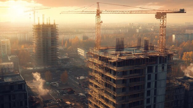 Urban Construction Site with Scaffolding and Cranes