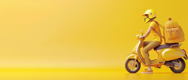 Photo an urban courier riding a yellow scooter with multiple backpacks in a city setting during a rainy day on a yellow background with copy space for text