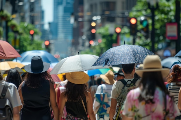 Urban crowd using umbrellas for sun protection in heatwave with extreme heat in the city