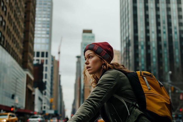 Photo urban cyclist in the city wearing a beanie and backpack on a cloudy day