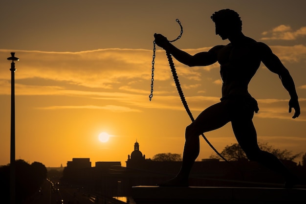 Urban Dance of Hermes Silhouette Amidst Dusk and City Lights