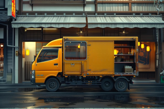 Urban delivery truck at dusk