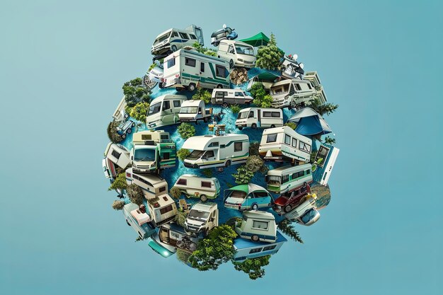 Urban design meets nature in a globe adorned with camper vans and trees