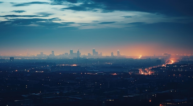 Photo urban dusk city skyline against sunset glow