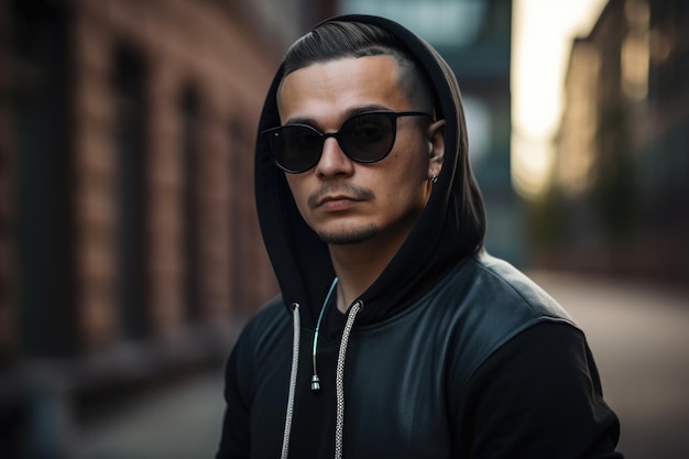 Urban edge Portrait of a stylish man with a tattoo on his neck donning a black hoodie