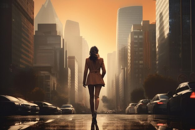 Urban environment where a woman in trendy clothes walks between big city buildings