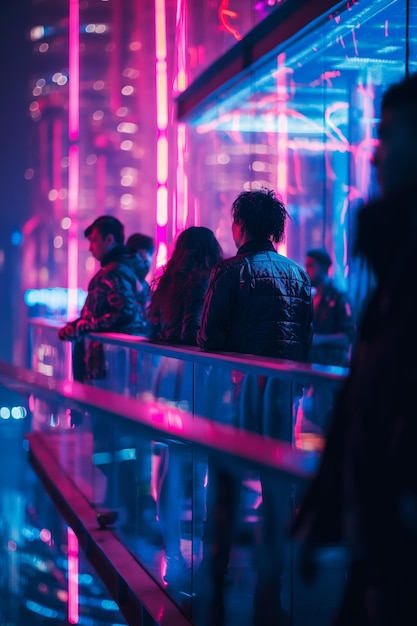 Photo urban evening scene with people in neon lights at rooftop bar