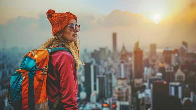 Urban Explorer Young Woman Adventurer Enjoying Cityscape Sunrise