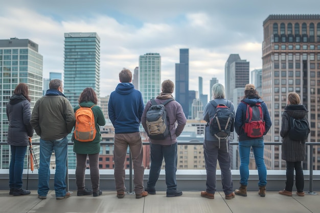 Urban explorers enjoying city skyline view