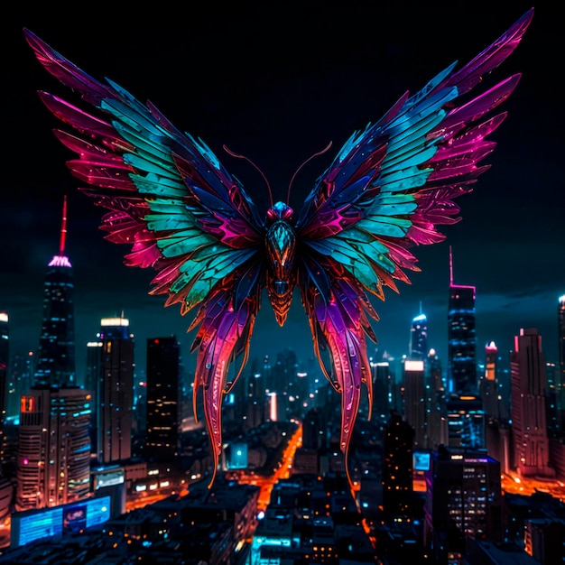 Urban Fantasy Neon Wings of Imagination in a Futuristic Cityscape