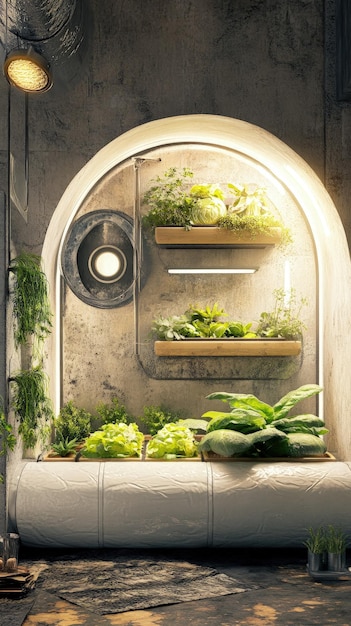 Urban farm with vegetables growing in raised beds on a city rooftop bright natural light