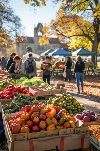 Photo urban farmers market in city park with organic produce stalls and community gathering