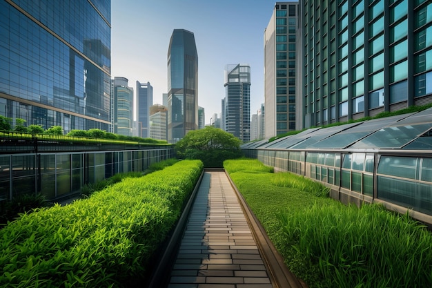 Photo urban farming concept sleek skyscrapers reaching toward a clear sky