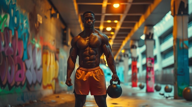 Urban Fitness Model with Kettlebell in Front of Wall